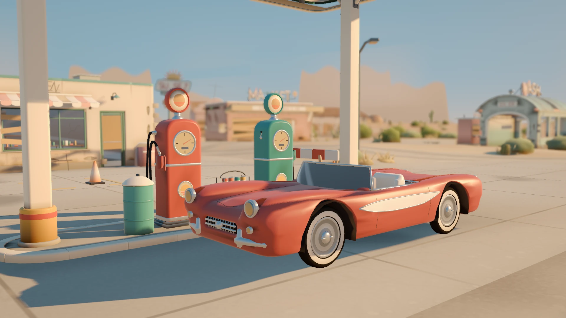 A complete view of the red convertible beside the two retro fuel pumps